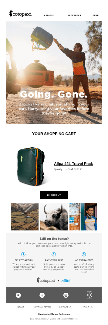 Cotopaxi abandoned cart emails