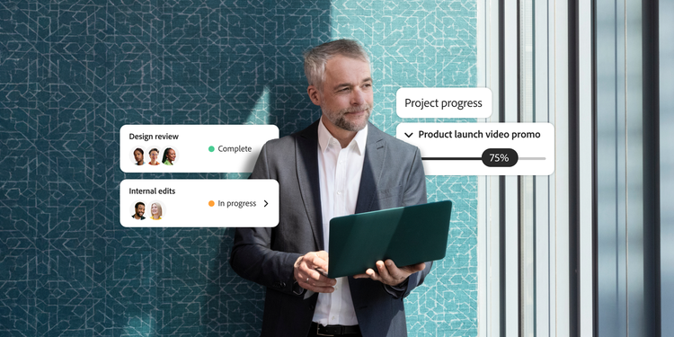 Man holding a laptop in an office. Overlaid with project management tasks including design review and internal edits.