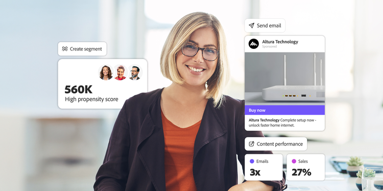A marketer analyzes customer segment with high propensity score, targeted email ads, and content performance metrics.