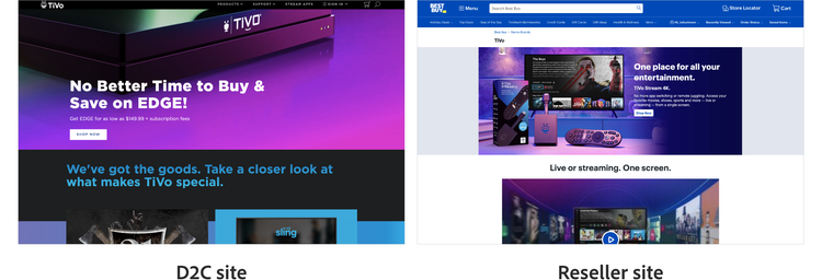 A side-by-side comparison of the TiVo website and Best Buy landing page for the same products
