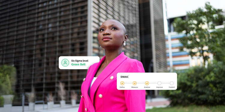 Woman standing outdoors with overlays of a Six Sigma level of Green Belt and a DMAIC checklist.