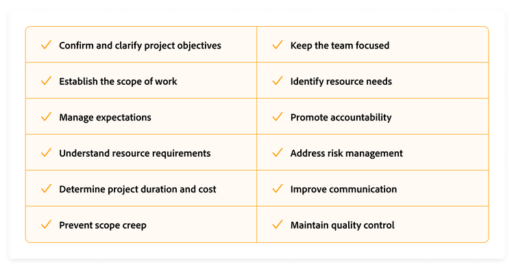 Chart showing a list of benefits to using a project plan.