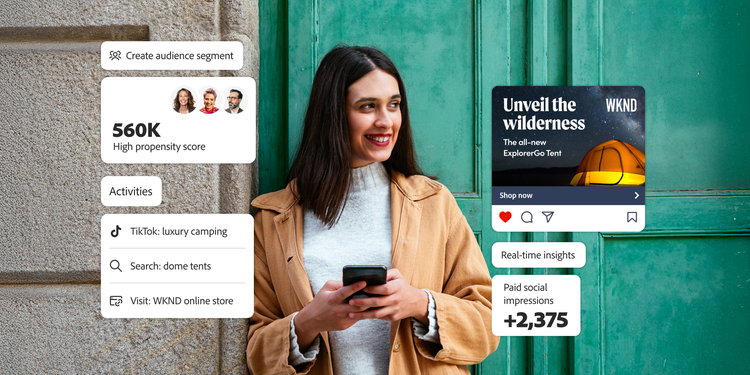 A woman holding a smartphone, surrounded by overlays showing audience segment data, activities, product promo, and social impressions.