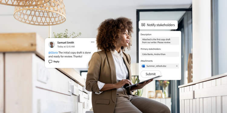 A woman with a tablet, having received a note from a writer within Adobe Workfront, prepares to notify stakeholders that the first draft of a document is ready for review.
