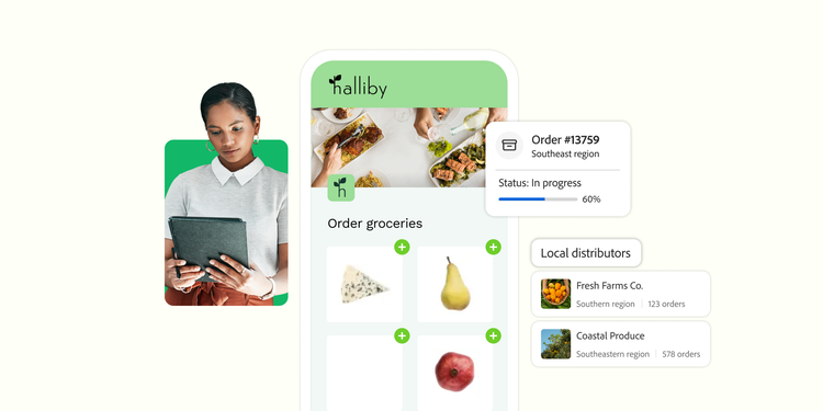 A woman with a tablet stands beside a 'Halliby' grocery app interface showing products, an order in progress at 60%, and a list of local distributors with order details.