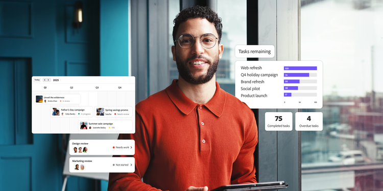 Person holding tablet near window with overlaid task board, progress chart, and summary of completed and overdue tasks.