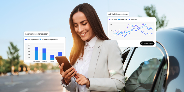 Woman holding a phone. Overlays include a chart showing incremental audience reach, and another chart showing conversion attribution data.