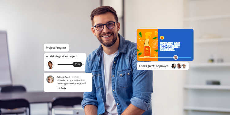 Professional seated with Kanban board overlays showing task updates, review requests, and product approval.