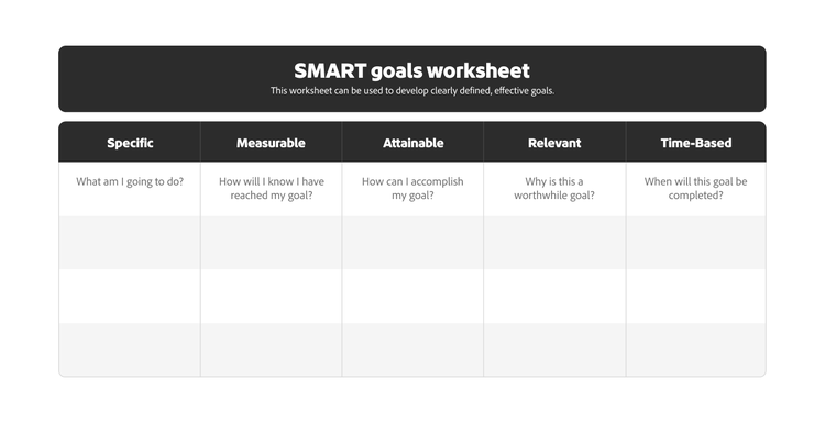 A SMART goal worksheet template for marketers.