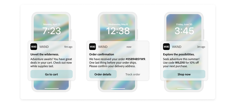 Three examples of push notifications overlaid on top of phone UI diagrams.