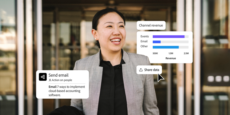 A professional woman smiling outside an office, with overlaid graphics showing business metrics, email action, and data sharing.