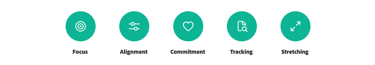 Icons representing focus, alignment, commitment, tracking, and stretching.