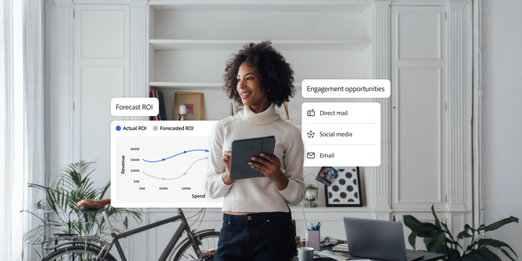 Image of a woman holding a tablet, overlayed with a chart depicting an ROI forecast and engagement opportunities.