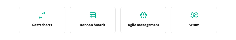 Icons representing project management methodologies including Gantt charts, Kanban boards, Agile management, and Scrum.