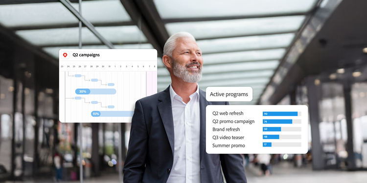 Man smiling outside office with overlay of Q2 campaign timeline and active marketing program statuses.