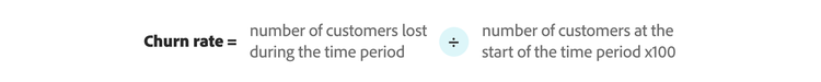 Churn rate calculation. Number of customers lost / number of customers at the beginning x 100 = churn rate.