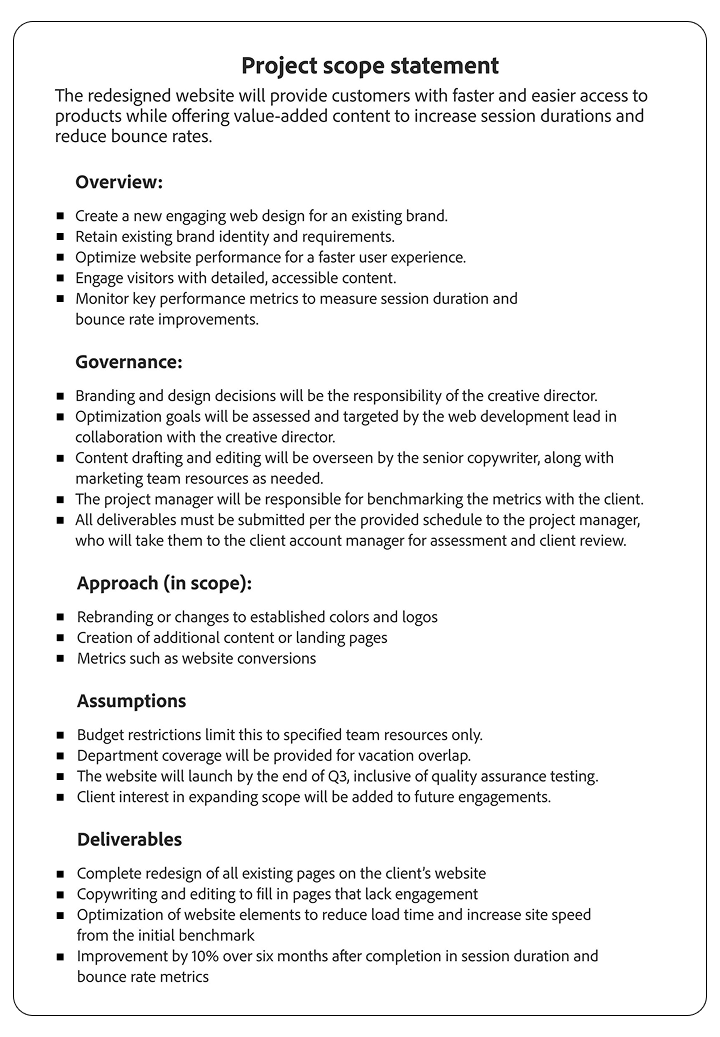 Project scope statement outlining objectives, governance, approach, assumptions, and success metrics for a website redesign.