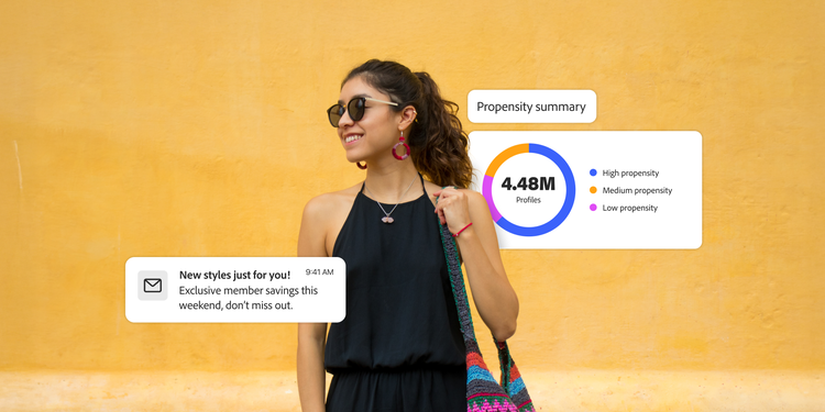 Woman standing in front of yellow wall. Image overlays include an email notification, a propensity summary, and chart with propensity levels.