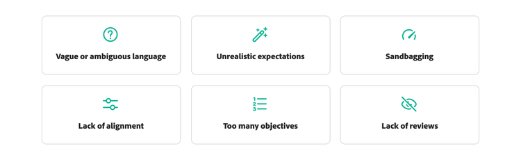 Chart with icons representing common mistakes with OKRs.