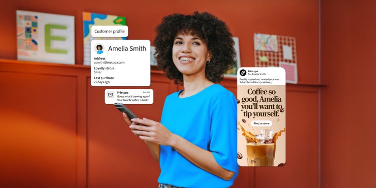 Smiling woman holding a phone with personalized customer profile and coffee brand loyalty messages displayed around her.