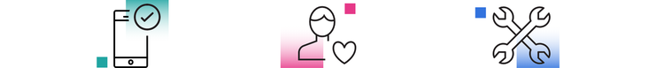 A green phone icon with a checkmark, a pink human icon with a heart, and blue wrench tool icons.