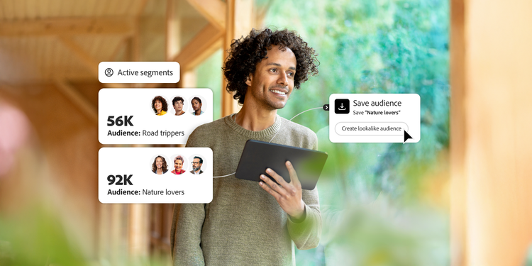 Man holding tablet on porch with audience data overlays: 56K Road Trippers, 92K Nature Lovers, and option to save the Nature Lovers audience.