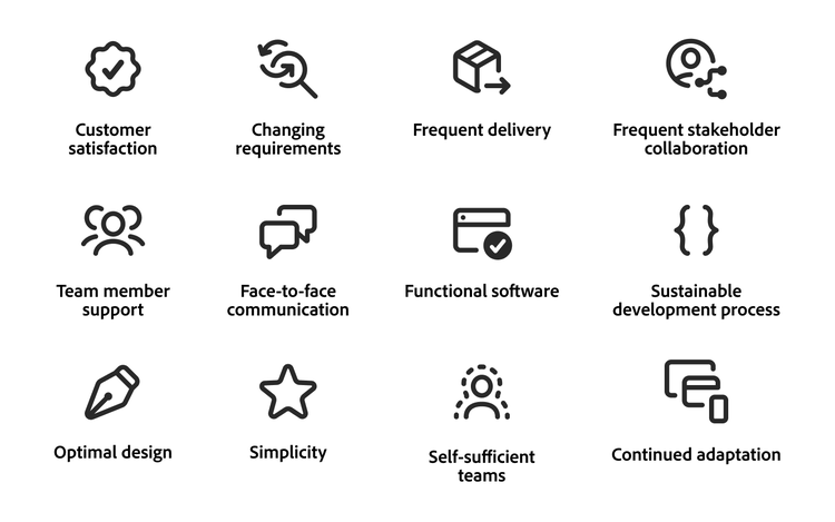 Agile principles visual with icons, illustrating how motivated teams and adaptive cycles drive better outcomes.