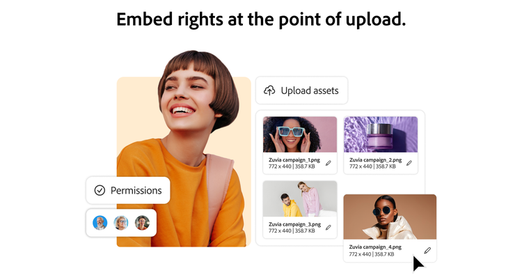 Smiling professional in orange shirt beside upload panel with campaign thumbnails and embedded permissions.