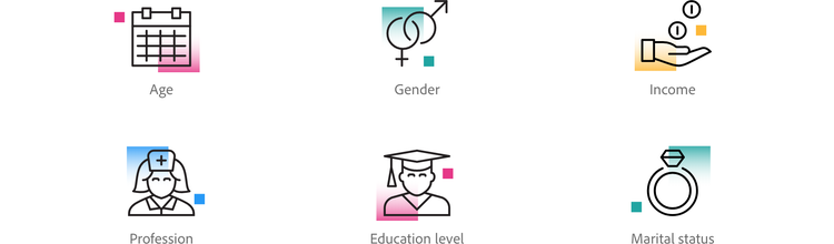 Create audience segments to divide your customer base by age, gender, income, profession, education level, and marital status.