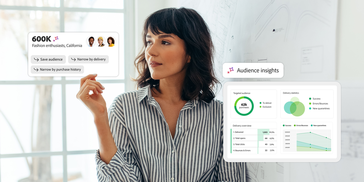 Woman in a bright office setting alongside visuals of on-screen prompts that show audience filtering options and campaign delivery insights.