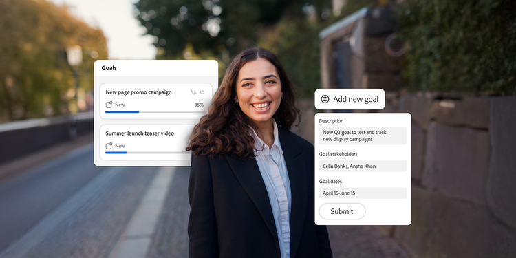 Woman standing outside overlaid with annual planning goals and a UI element outlining new goal details.