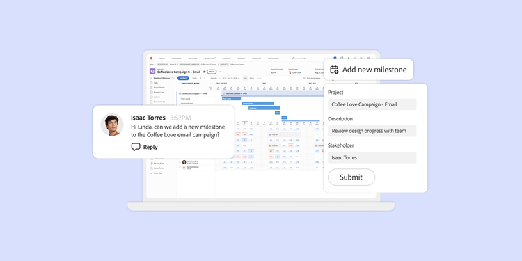 In Adobe Workfront work management software, a project owner responds to a stakeholder request to add a new milestone to an email campaign.