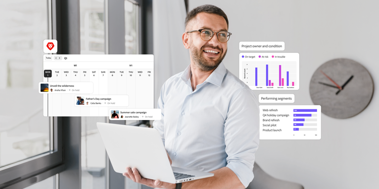 Visual illustrating a man managing complex software portfolios through analytics and strategy.