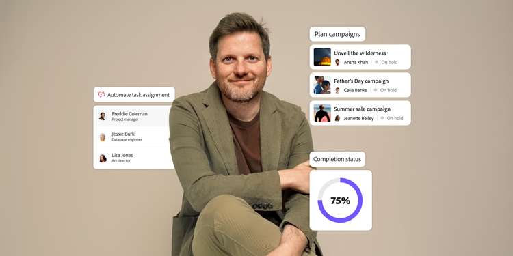 Man seated cross-legged with panels showing task automation, campaign planning, and 75% project completion status.