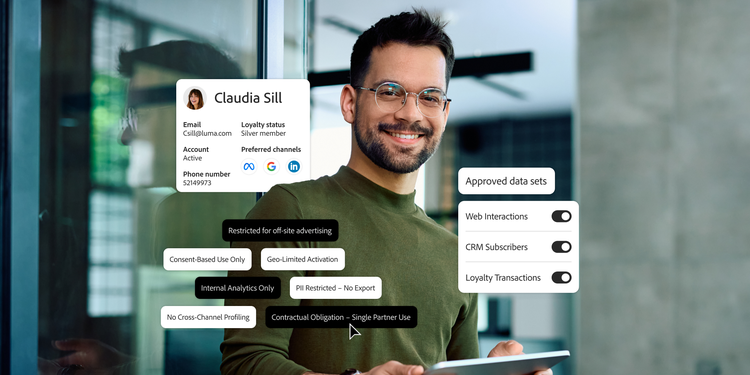 A marketer reviews a customer profile with approved datasets and data use restrictions to ensure compliant audience activation.