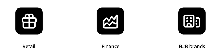 Monochrome icons highlighting omnichannel marketing use cases, namely retail, finance, and B2B brands.