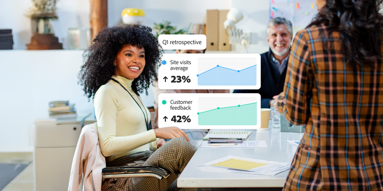 Three people in an office smiling. Overlays of business charts and Q1 retrospective.