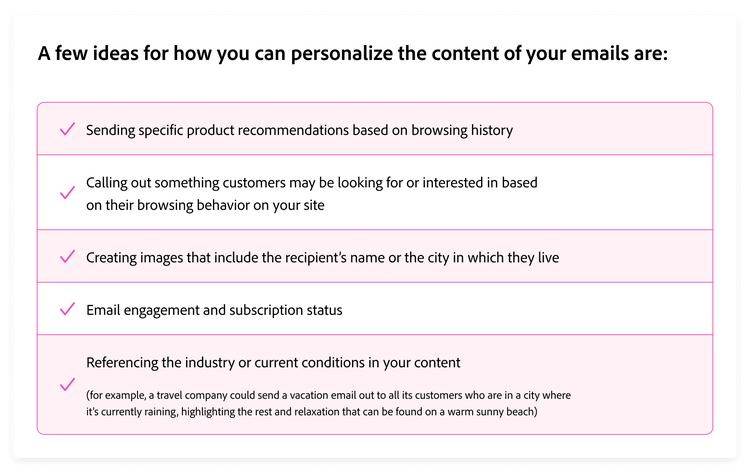 List of five email personalization ideas including product recommendations, browsing behavior, custom images, engagement status, and contextual content.