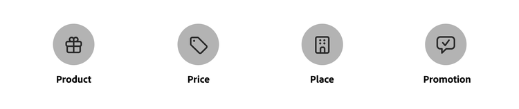 Icons representing the 4 Ps of marketing: Product, Price, Place, and Promotion.