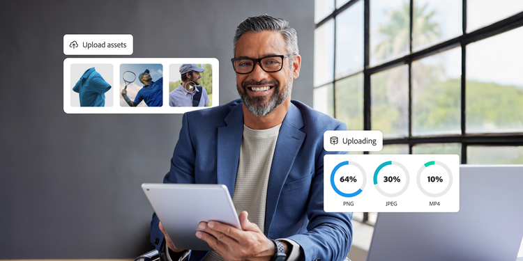 Smiling professional in office setting reviewing digital assets, with upload progress bars for PNG, JPEG, and MP4 files.