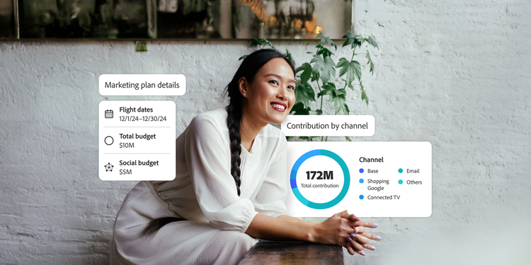 A woman wearing a white dress sits at a wooden table, smiling and looking away from the camera. Next to her, floating digital elements display marketing-related metrics.