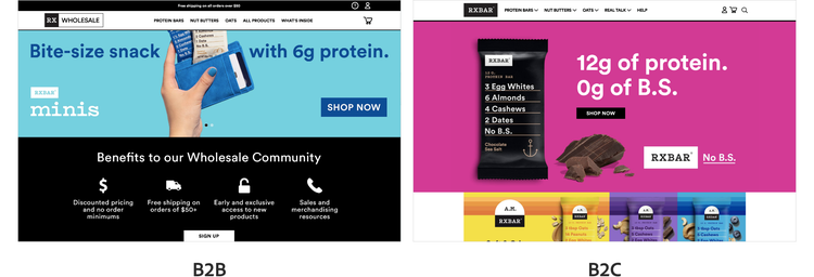 Side-by-side comparison showing the difference between the RXBAR B2B and B2C websites