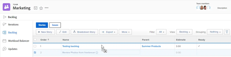 A project management interface for the Marketing team showing a backlog with tasks, estimates, parent projects, and team members.