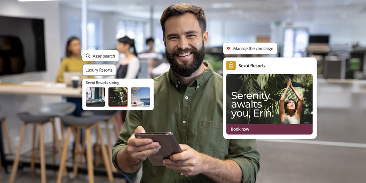 A professional using digital tools to search assets and manage a personalized resort campaign.