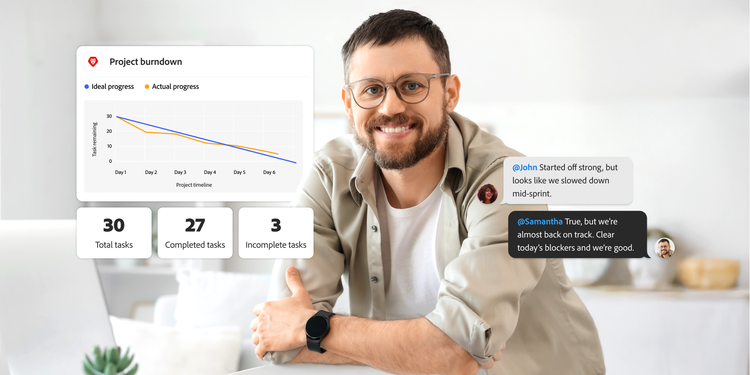 Smiling man leaning on desk with arms folded alongside burndown chart and task update visuals.