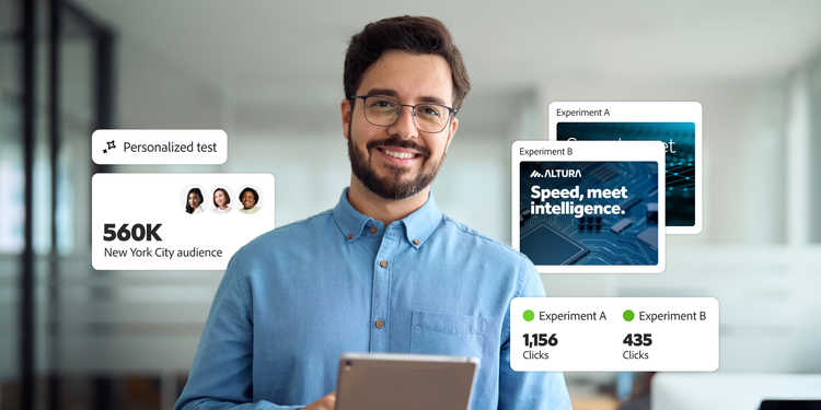 Marketer holding a tablet, surrounded by floating UI cards showing audience size, campaign variants, and click metrics from an A/B test.