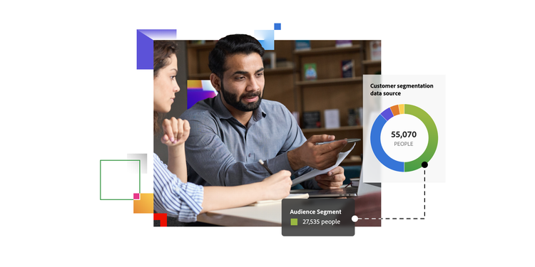 Two professionals reviewing customer segmentation file name: marquee_market_segment