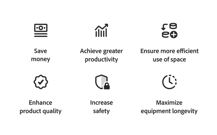 Icons illustrating how 5S improves efficiency, safety, quality, and equipment longevity.