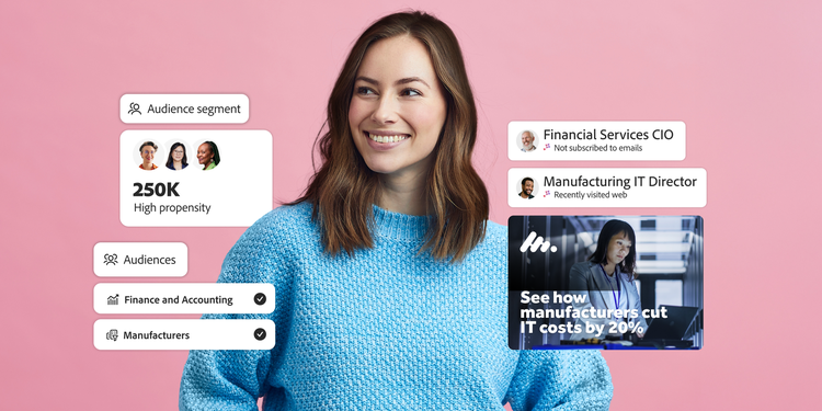 Woman smiling against a pink background alongside visuals of screen pop-ups that highlight different aspects of marketing like cohorts and trends.