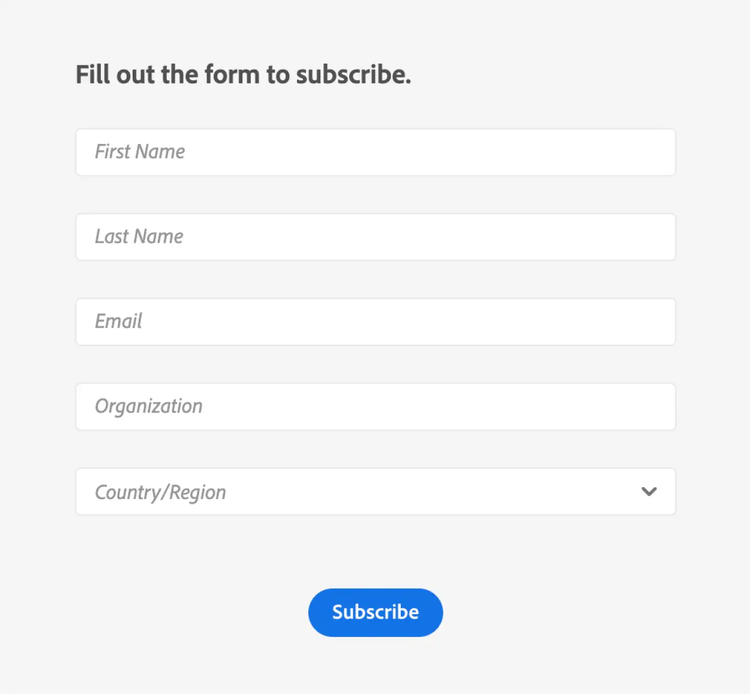 Subscription form requesting first name, last name, email, organization, country or region, with a subscribe button.